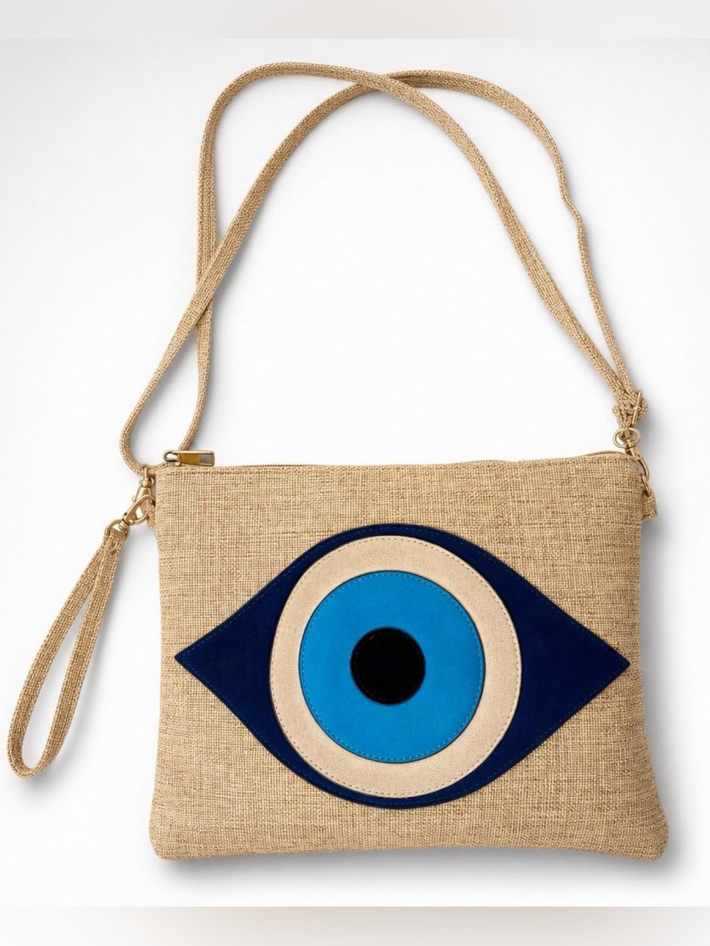 Evil Eye Jute &Suede Xbody Pouch, Natural &Blues, wrist strap, striped int, EUC